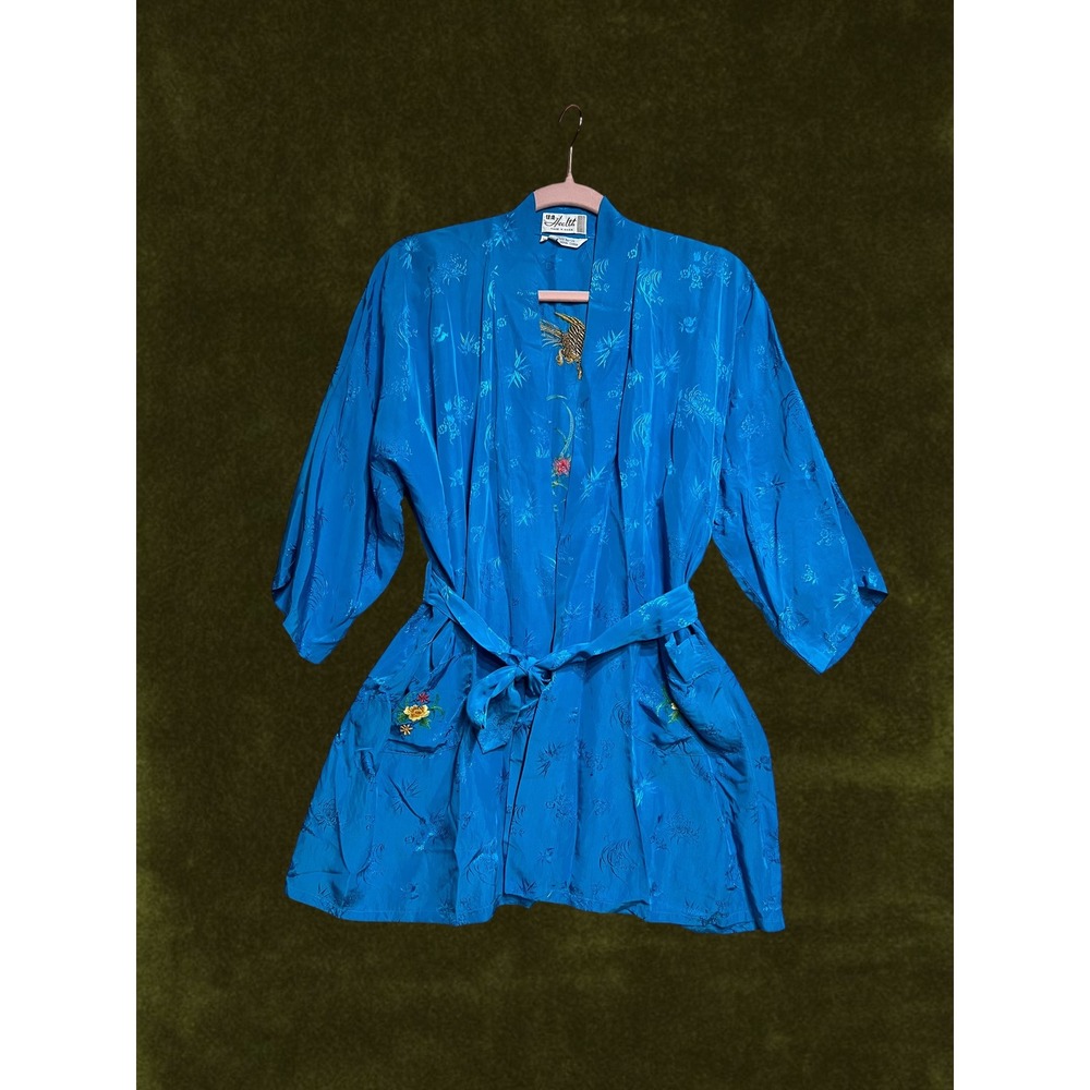 Vintage 70s Health Blue Rayon Kimono Robe Embroidered Bird Floral Damask Medium